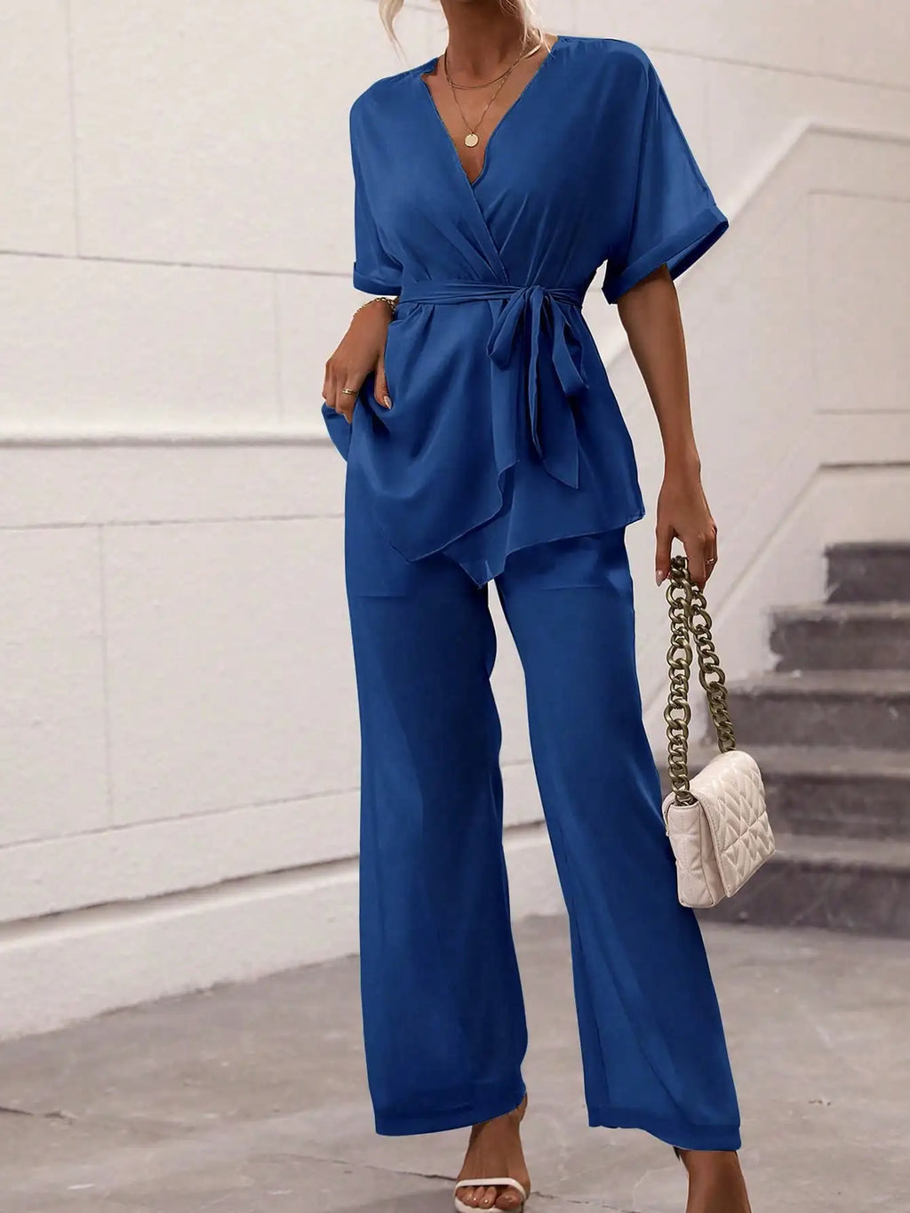 Women's 2-Piece Outfit, Elegant Wrap V-Neck Blouse and Wide Leg Pants, Casual Short Sleeve Loungewear Set For Ladies