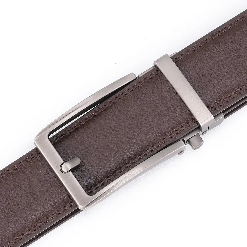 Brown leather mens belt with a sleek silver-toned automatic buckle.