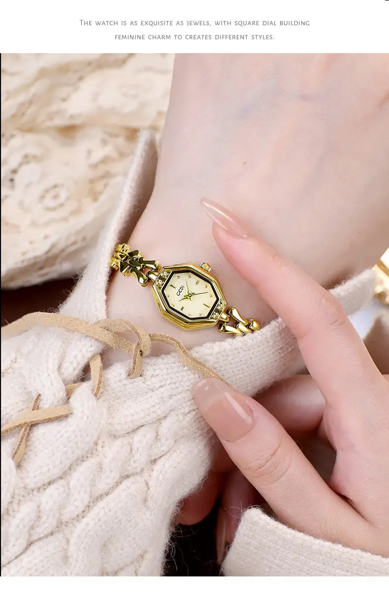 Gold-toned octagonal quartz watch for ladies with a black dial and jeweled luxury bracelet.