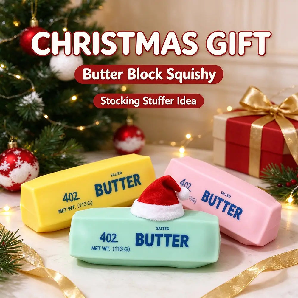Pastellfarbene, knetbare Butterblöcke mit festlichen Santa-Hüten und der Marke 402 Butter, konzipiert als Sinnes-Fidget-Spielzeuge namens Butter Bar.