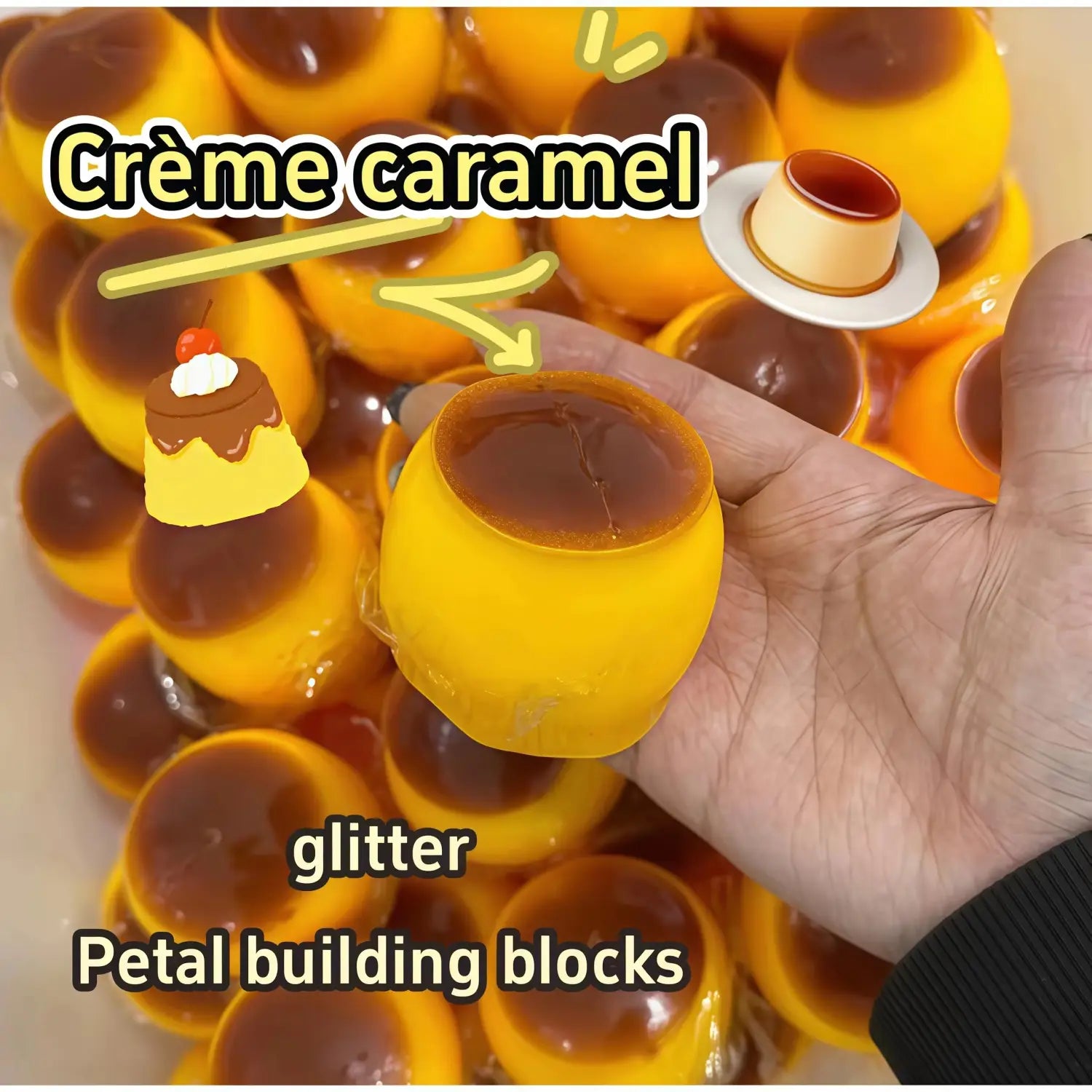 dessert gélatineux jaune brillant à la saveur caramel, jouet à mâcher et à malaxer conçu pour soulager le stress, texture souple et molle, avec une couche supérieure ambrée foncée et une texture scintillante, pour apaiser le stress lié au jouet
