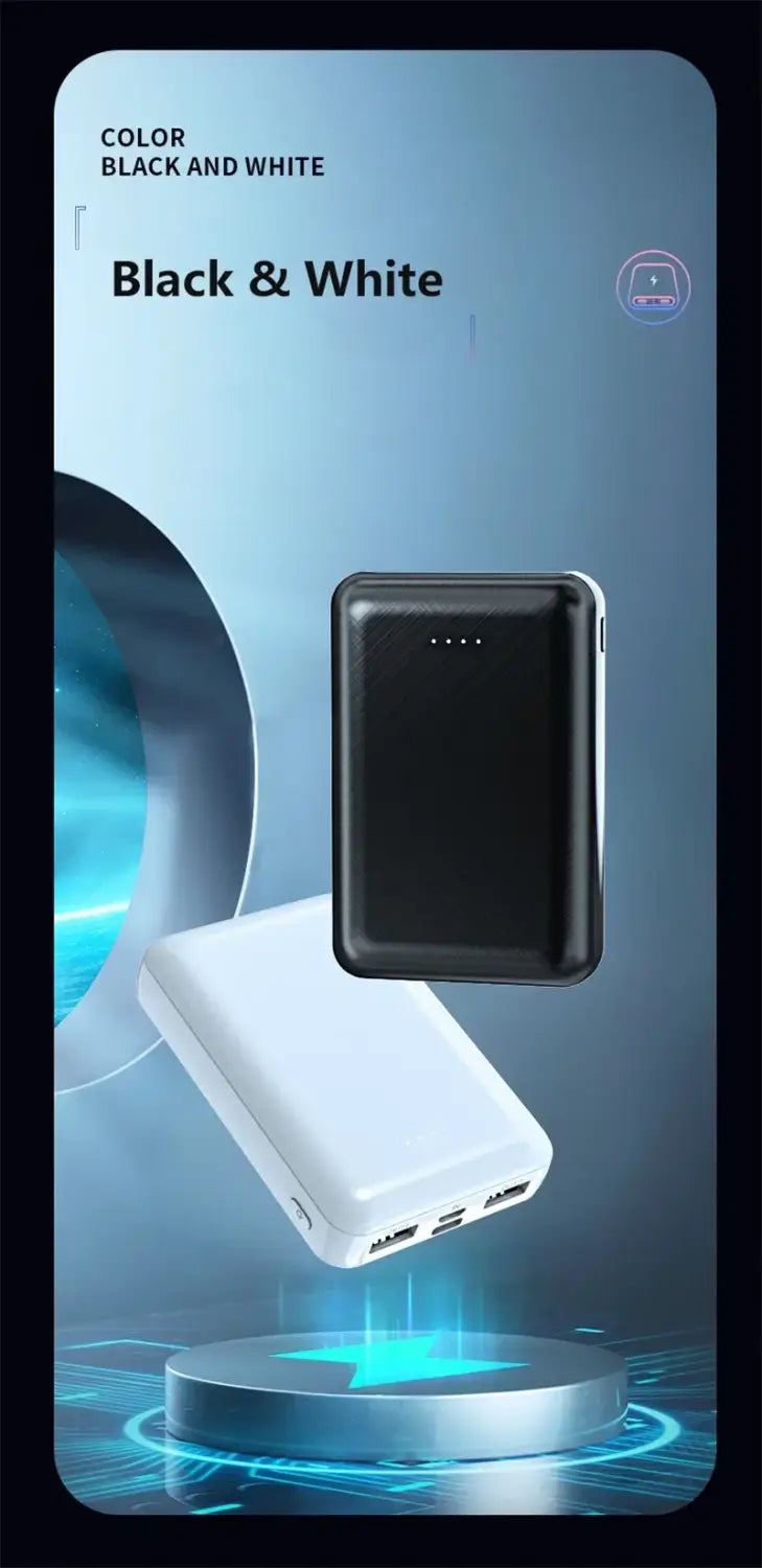 black and white portable power banks with sleek rectangular designs and multiple usb ports for charging devices compatible with heated vests and air conditioning clothing featuring 20000mah capacity