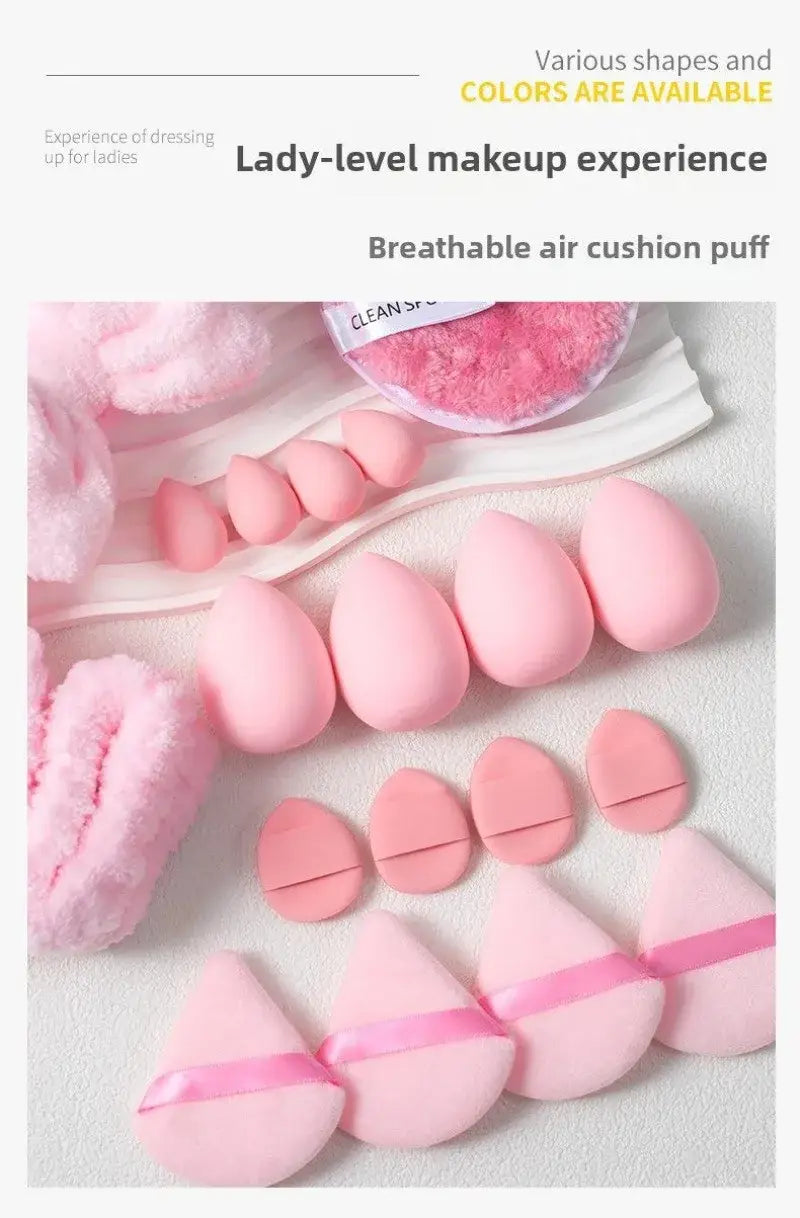 pink breathable air cushion puff makeup sponges in various shapes and sizes for makeup application included in a makeup brush and sponge set 46 piece pink