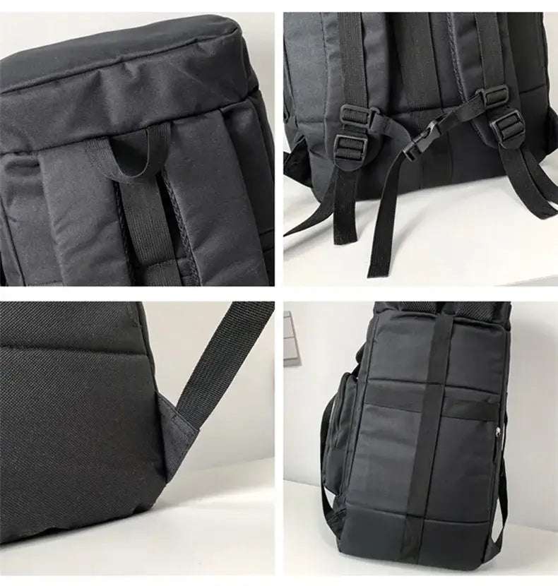 black nylon waterproof gym backpack and travel duffel bag with adjustable straps and multiple compartments shown from the back side