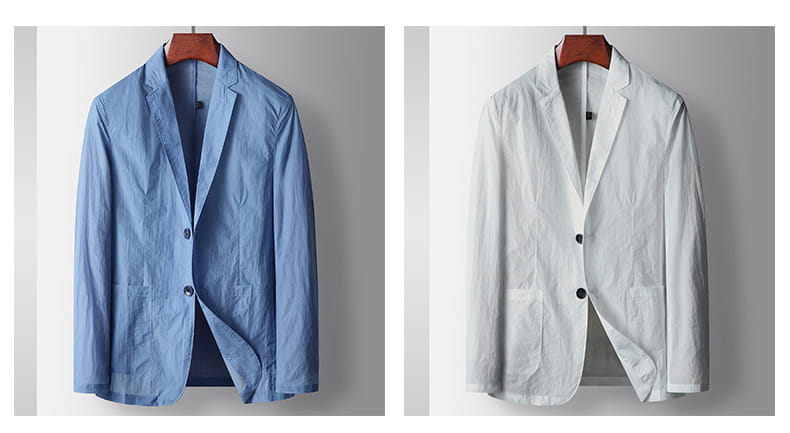 Hellblaue und weiße Blazer-Anzugjacken aus Leinen-Mix für Herren mit einreihigem Design, zwei dunklen Knöpfen und Pattentaschen in einem Herren-Freizeit-Polyester-Blazer-Anzug