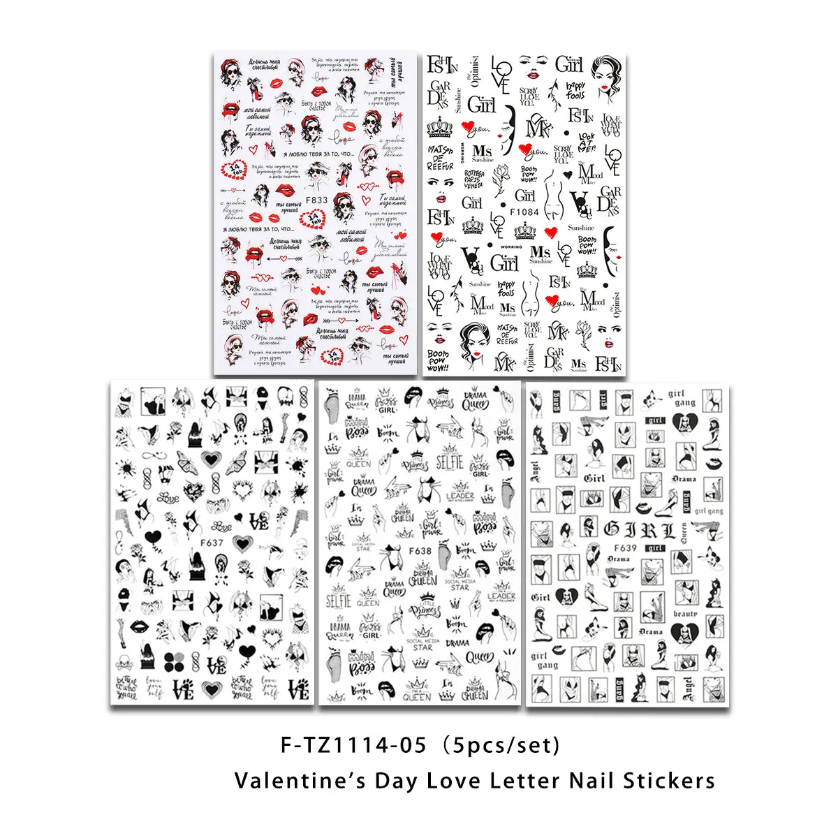 Las pegatinas para uñas de San Valentín con corazones de amor y arte floral presentan diseños de cartas de amor en negro y rojo sobre láminas adhesivas blancas para la decoración de uñas.