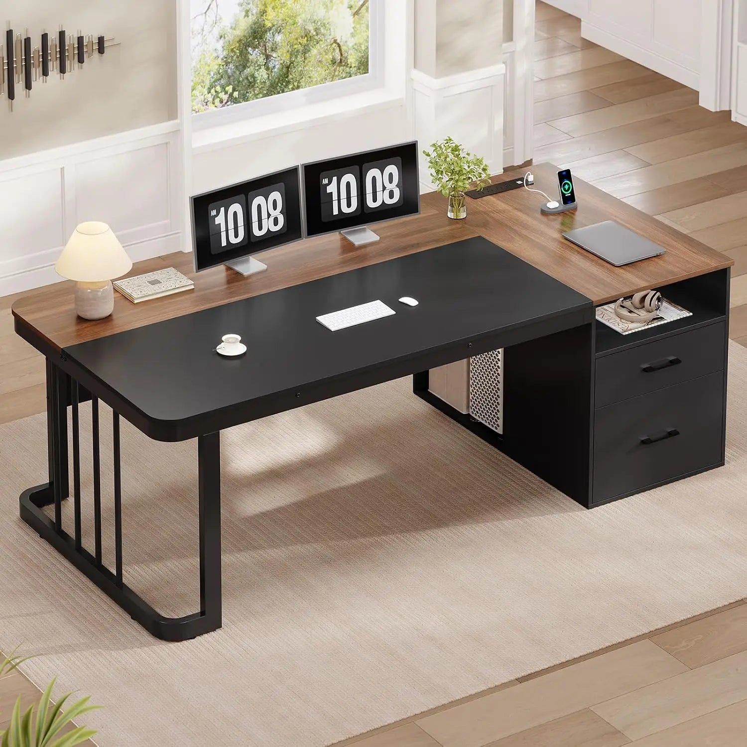 Executive desk with power outlet and drawers featuring a modern black and wood l-shaped design with metal legs and built-in drawers.