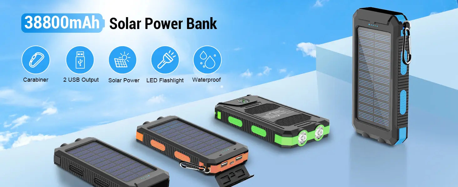 Schwarze und grüne Solar-Powerbank 50000 mAh tragbares Ladegerät mit robustem rechteckigem Design, mit integrierter LED-Taschenlampe und USB-Anschlüssen.