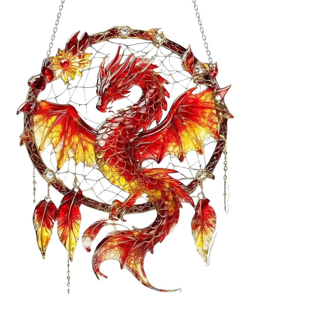 A vibrant red and orange dragon-themed 2D acrylic dream catcher with feathers and gemstones for window decor