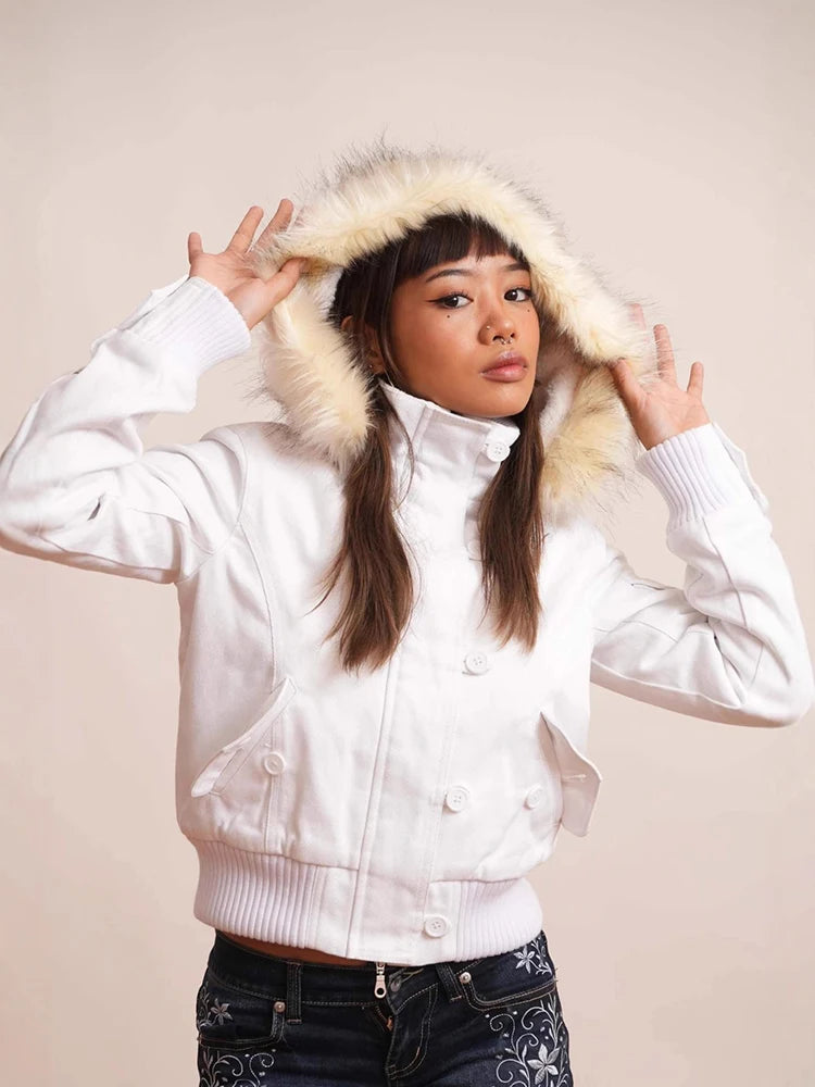 Winter Warm Fur Collar Short Jacket Women 2000s Y2K Fleece Padded Parkas Single Breasted Hood Coats High Street Female Outwears
