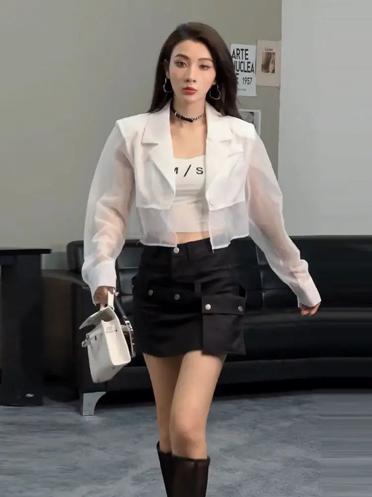 See Through Blazers Women Crops Korean Style Sun-proof Office Ladies Temperament High Street Fashion Summer Breathable Notched