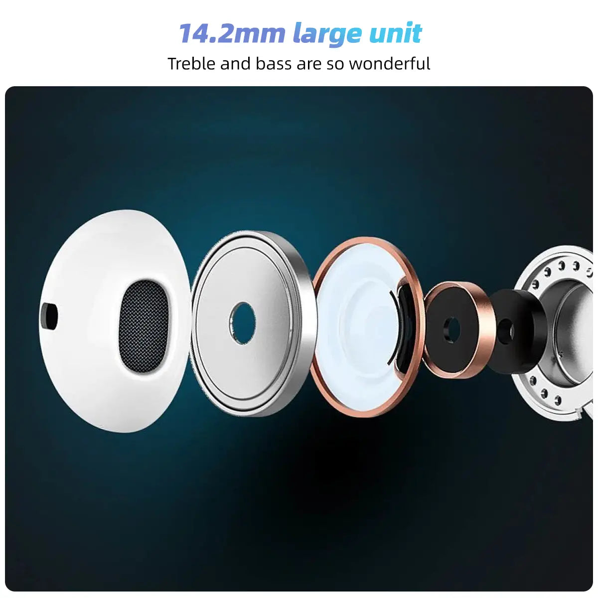 USB-C-kabelgebundene In-Ear-Kopfhörer mit Mikrofon mit großen 14,2-mm-Treibereinheiten, mit weiß-silberfarbenen Roségold- und schwarzen metallischen Ausführungen sowie Mesh-Abdeckungen.