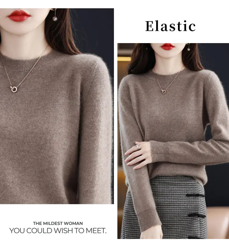 A soft taupe-colored pure wool cashmere o-neck pullover sweater with a round neckline and ribbed cuffs.