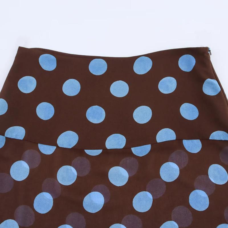 Brauner Chiffon-Midi-Rock mit hellblauen Punkten aus dem Damen-Set aus Polka-Dot-Midi-Rock mit Wickelkragen aus Chiffon in ausgewählter Größe