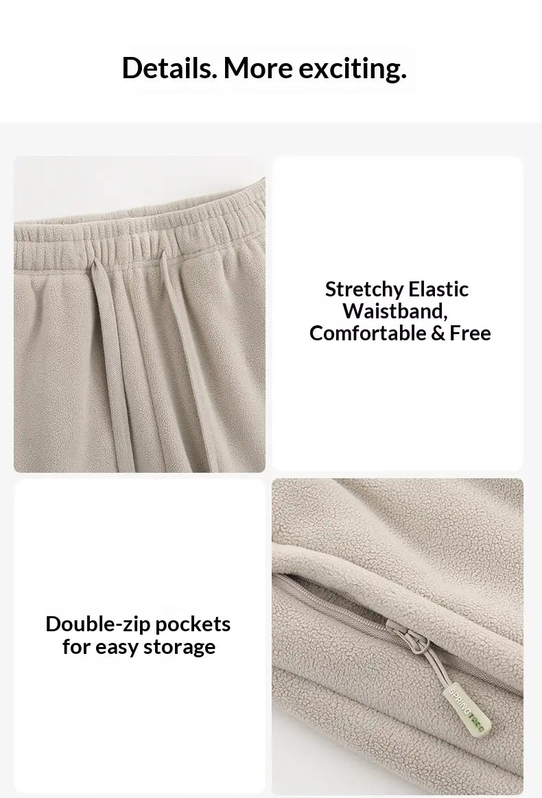 Pantalons de survêtement pour hommes doublés en polaire beige, avec taille élastique extensible et poches doubles zippées, idéals pour une tenue d’hiver décontractée.