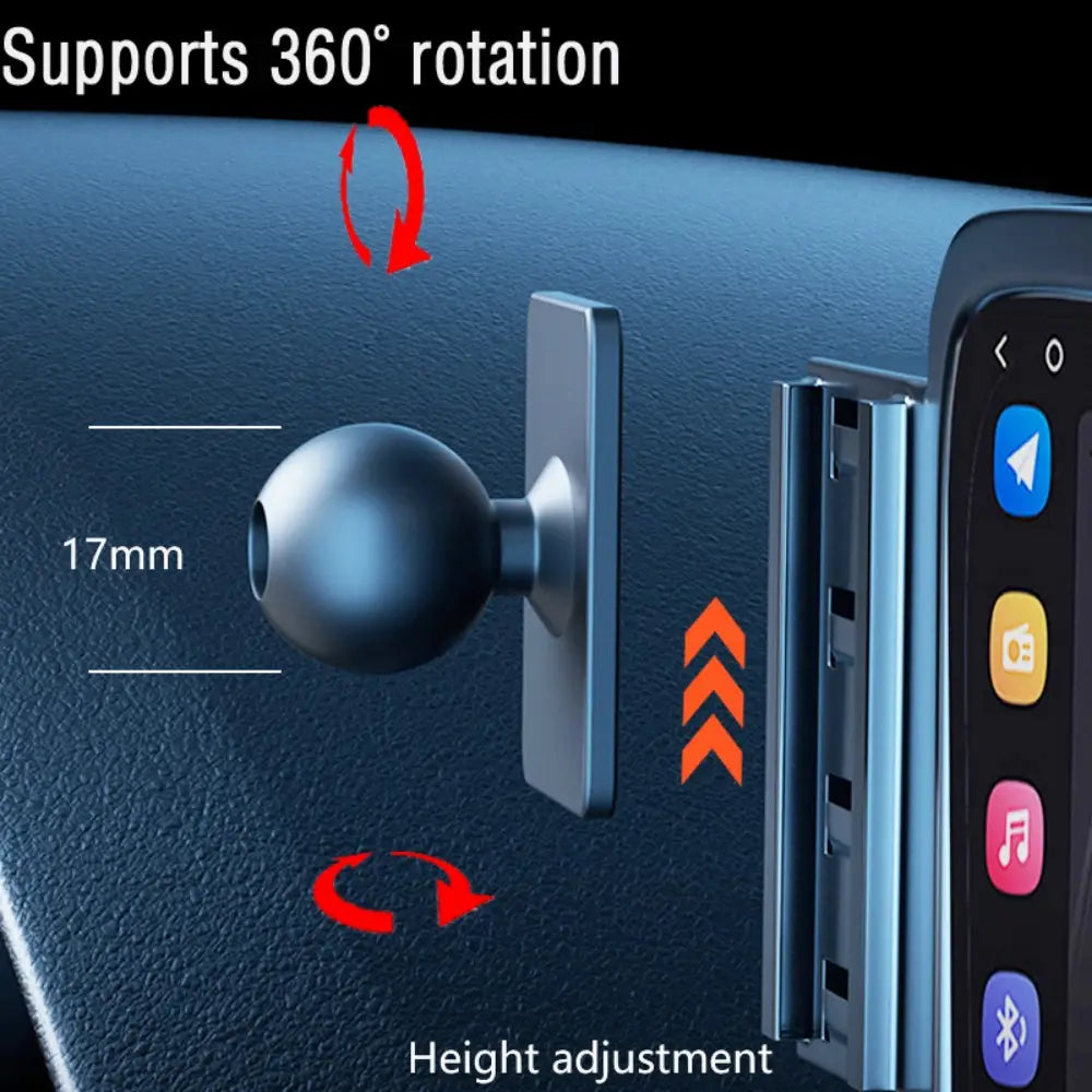 silver spherical magnetic car mount with 17mm diameter and adjustable height for secure phone placement in a wireless charger phone holder with infrared auto clamping for wireless charging and phone holder use