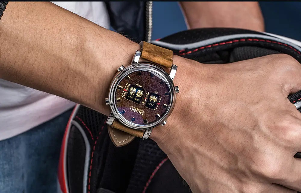 Megir military quartz watch with a rugged brown leather strap, metallic case, and dark textured dial featuring three illuminated digital displays.