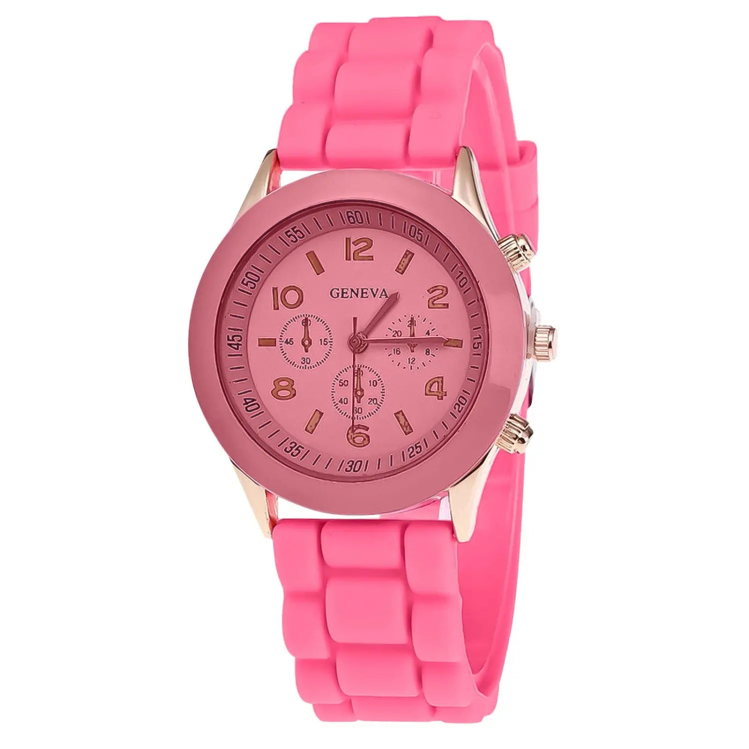 Women silicone quartz fashion chronograph watch with pink silicone strap rose gold-tone case and matching pink dial featuring the Geneva brand name.