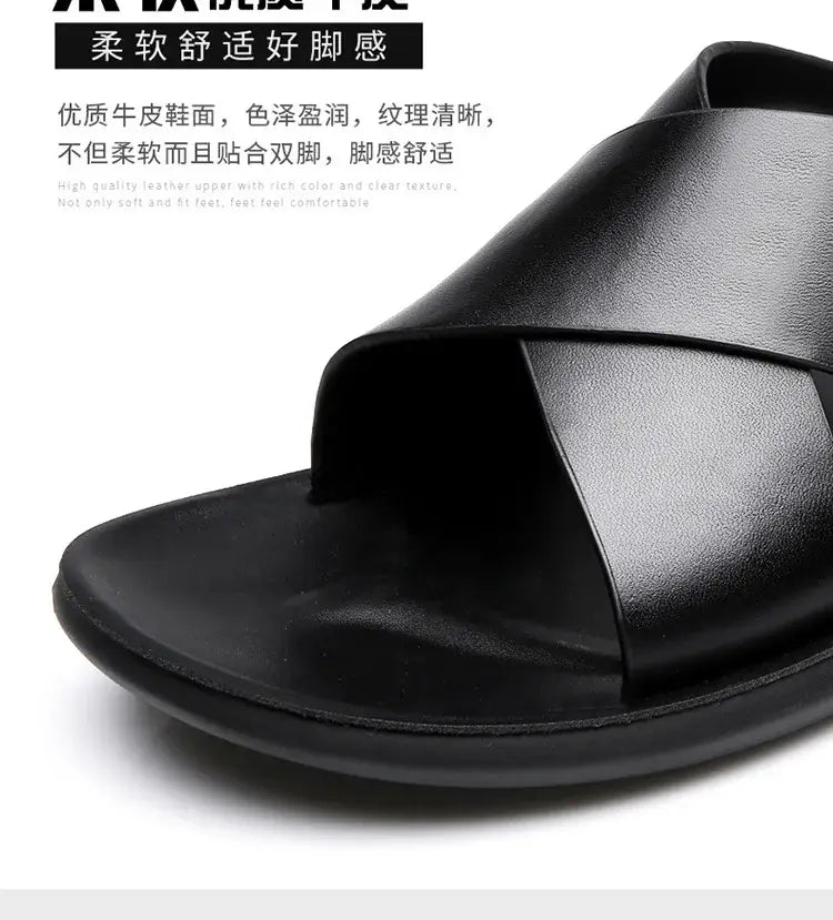 Herren-Echtleder-Slipper in Schwarz mit schlankem, minimalistischem Design und gekreuzten Riemen für einen modernen Look