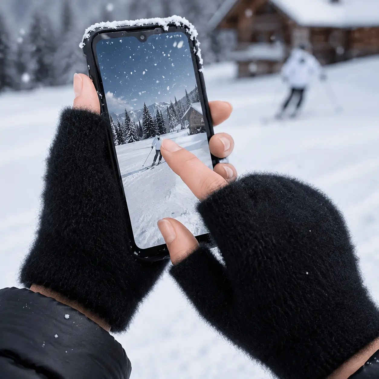 Black fleece-lined fingerless gloves for women made of fuzzy fabric worn on hands holding a smartphone with snowflakes clinging to the case