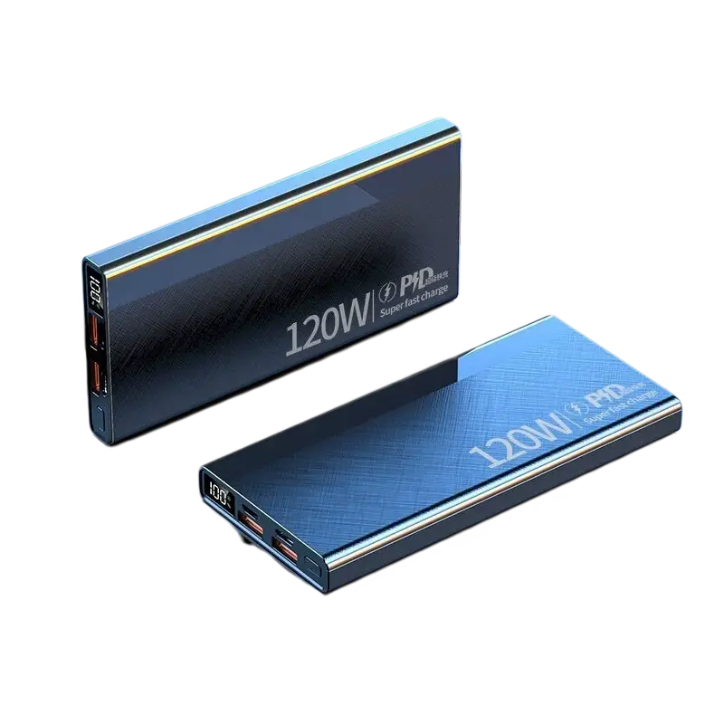 Banco de energía portátil de carga rápida de 120 W en combinación de azul y negro, con pantalla digital y acabado de metal cepillado