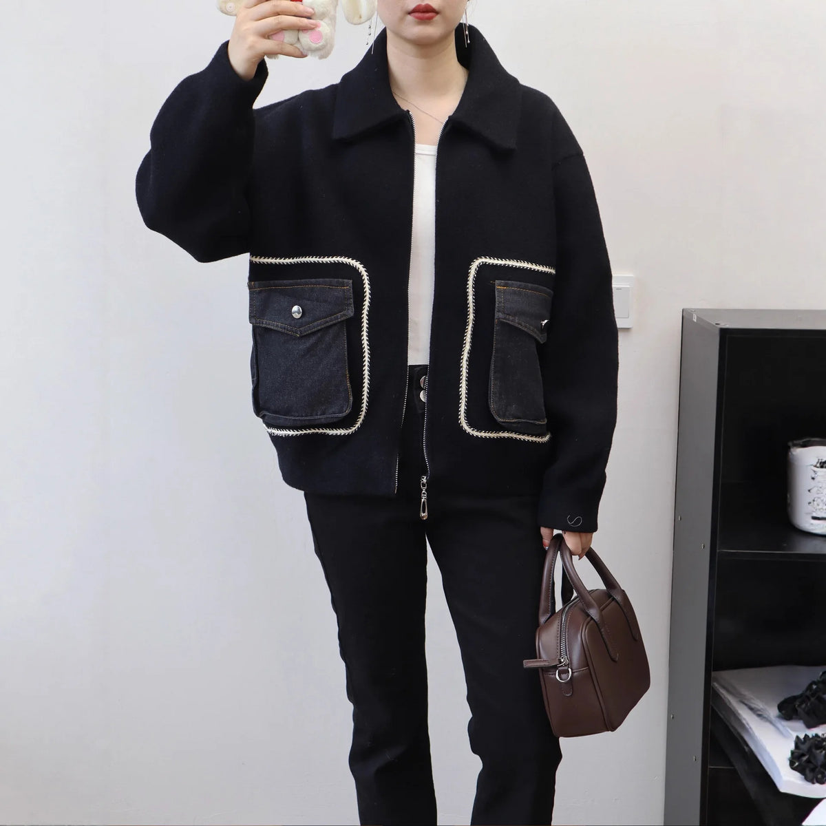 Women Wool Short Coats Casual Blends Jackets Patchwork Denim Pocket Sweater Pullover Zipper Loose Elegant Jumper 2025 Autumn