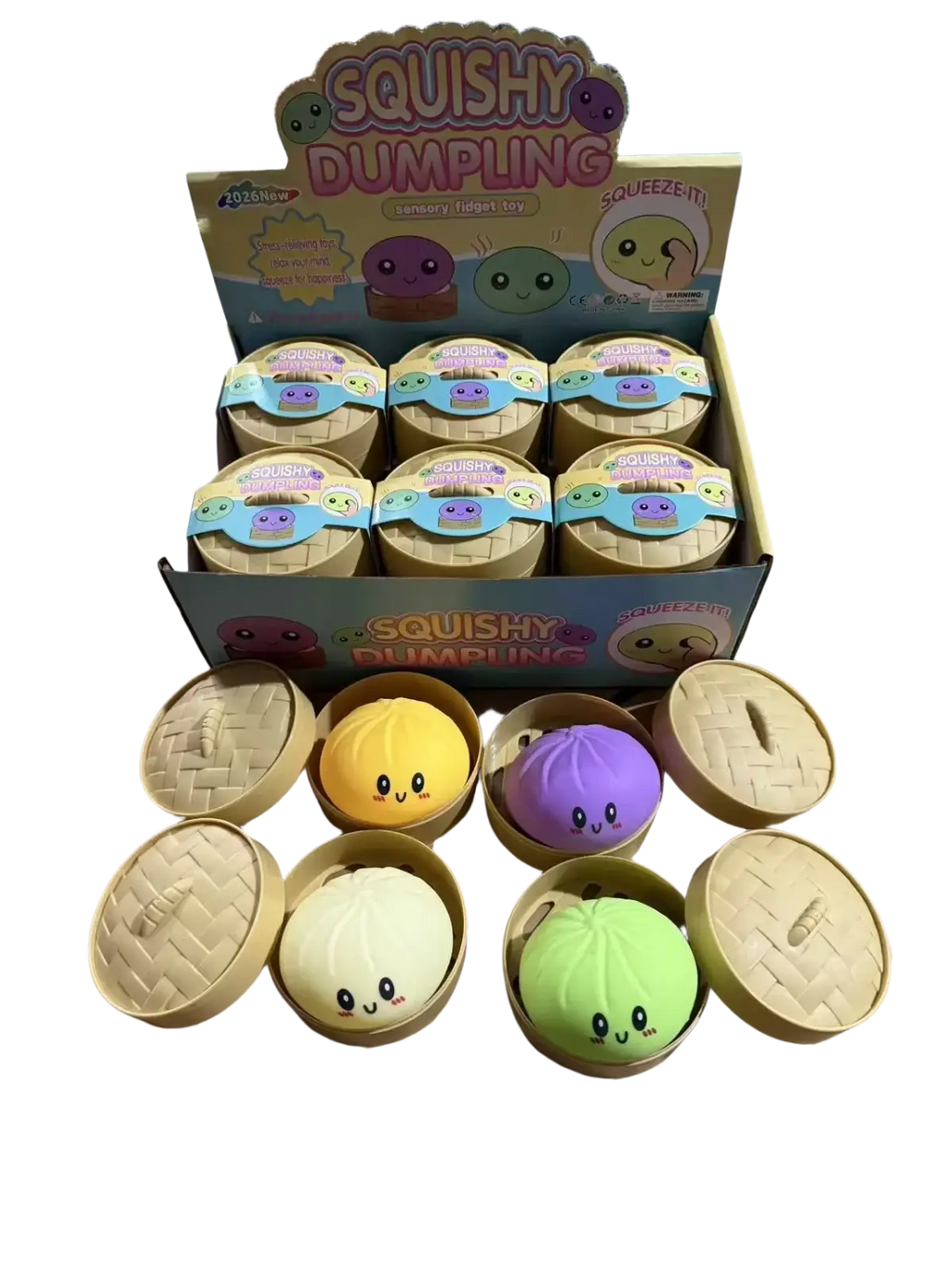 Colorful squishy dumpling-shaped stress balls arranged in a bamboo-style steamer basket viewed from above