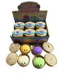 Colorful squishy dumpling-shaped stress balls arranged in a bamboo-style steamer basket viewed from above