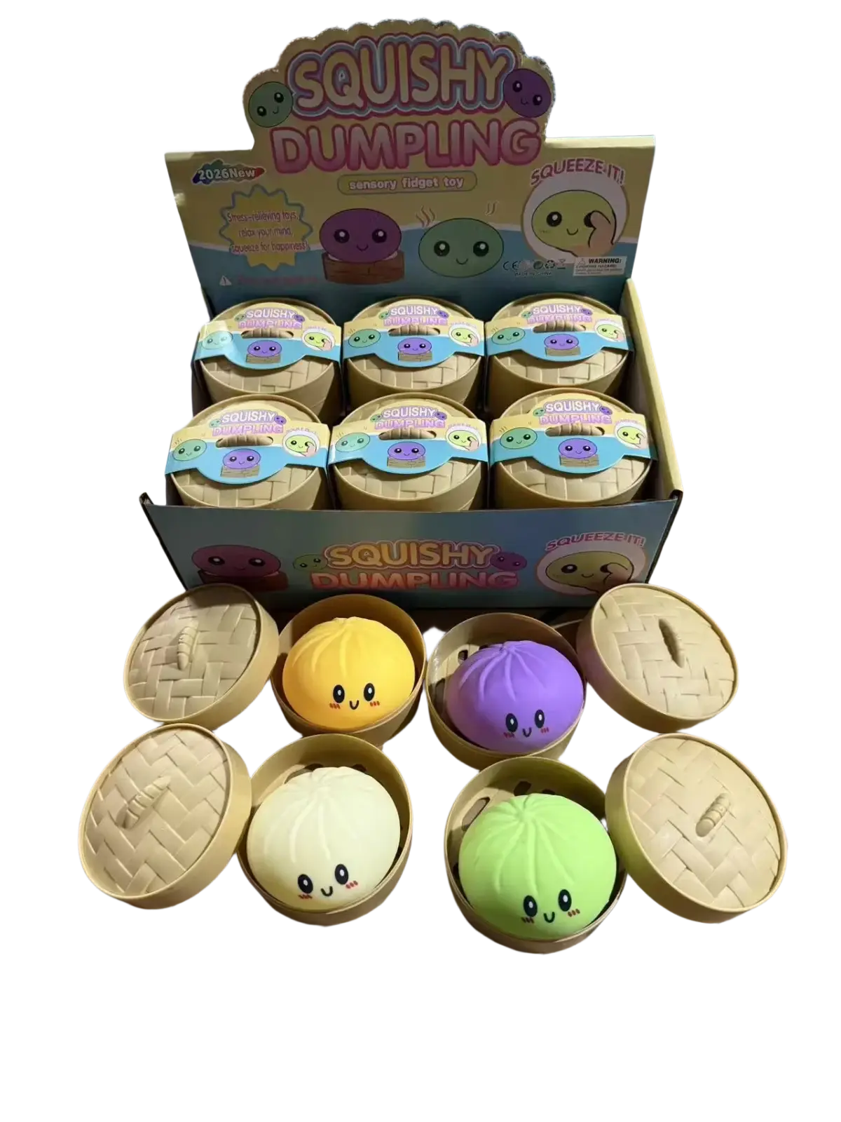 Colorful squishy dumpling-shaped stress balls arranged in a bamboo-style steamer basket viewed from above