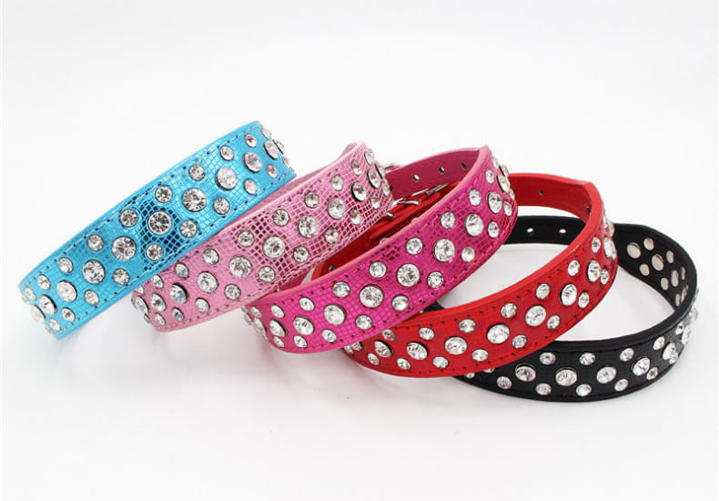 Ein Set aus fünf farbenfrohen Hundehalsbändern in Blau, Rosa, Rot und Schwarz mit Strass-Nieten und Kunstleder mit Schlangenhautstruktur, ausgelegt für kleine Hunde und Katzen