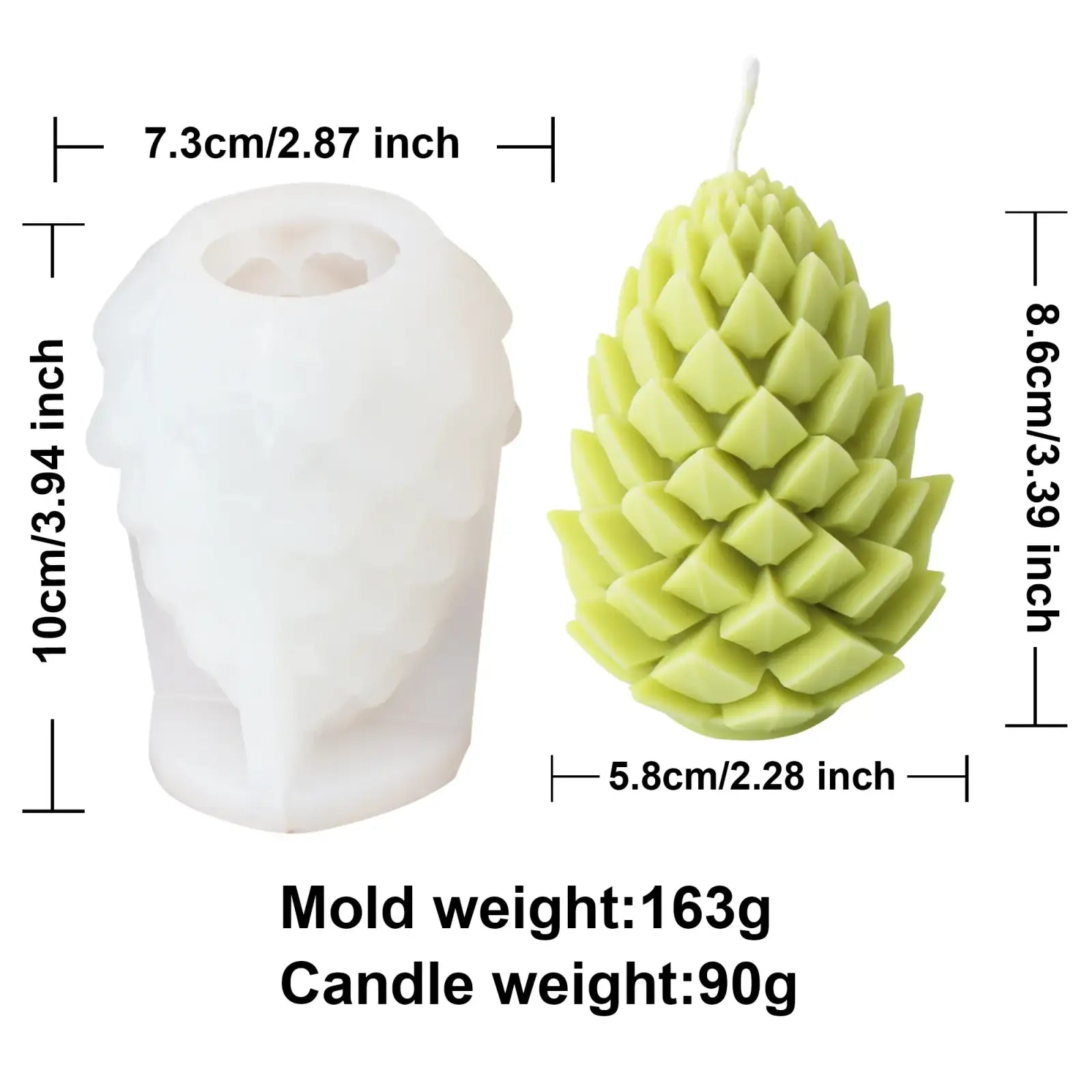 A white silicone skull-shaped candle mold beside a light green pinecone candle made from pinecone candle silicone