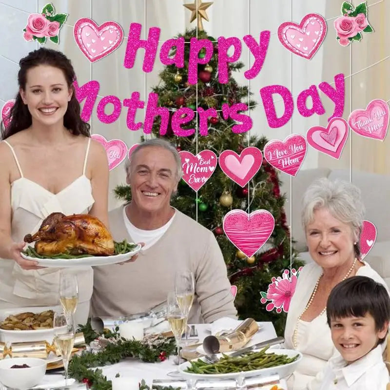 Mother's Day Banner Happy Paper Pendant Pink Party Decoration Heart Flower Mom Garlands Gift
