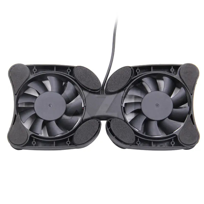 Black dual-fan laptop cooling pad with integrated cable and Usb portable stand for enhanced cooling performance.
