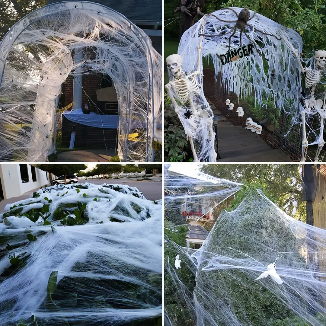 white stretchable artificial spiderweb decoration made of synthetic fibers for halloween outdoor displays