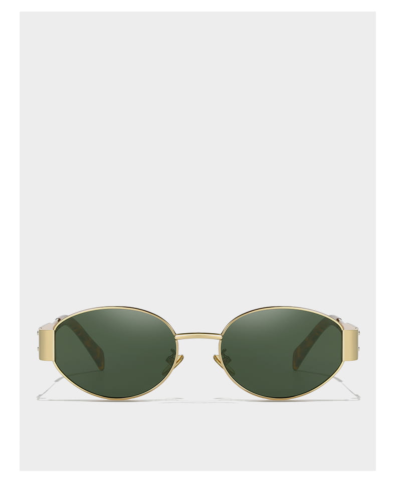 Gafas de sol ovaladas para mujer y hombre con montura en tono dorado y lentes ovaladas verde oscuro.