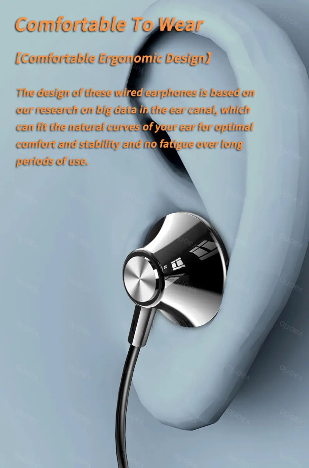 Écouteurs filaires argent métallisé, au design ergonomique épuré, et bouton de commande circulaire avec puce numérique, pour une utilisation en diffusion en direct via 3,5 mm aux.