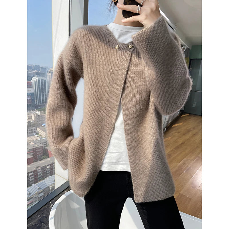 100% Wool Ladies Winter Sweater Cardigan Ladies Round Collar Long Sleeve Jacket And Knitted Women Knit Cardigan Sweater