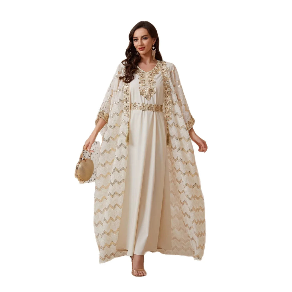 Dress Suit Women Eid Muslim Abaya Party Dresses Sequins 2 Piece Set Jalabiya Morocco Vestidos Dubai Islam Kaftan Cardigan Robe