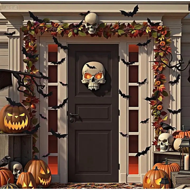 una decoración de calavera con ojos naranjas en estado luminoso, fabricada con material PET, montada en una puerta delantera marrón oscuro e incorpora una lámpara de noche LED estereoscópica con forma de murciélago.