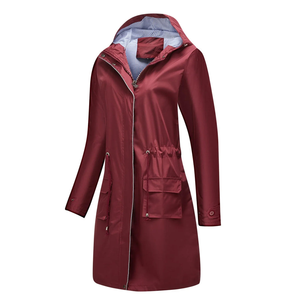 Women's Solid Colored Hooded Long Sleeved Trench Coat With Striped And Straight Tube Jacket Elegant British Style Windbreake