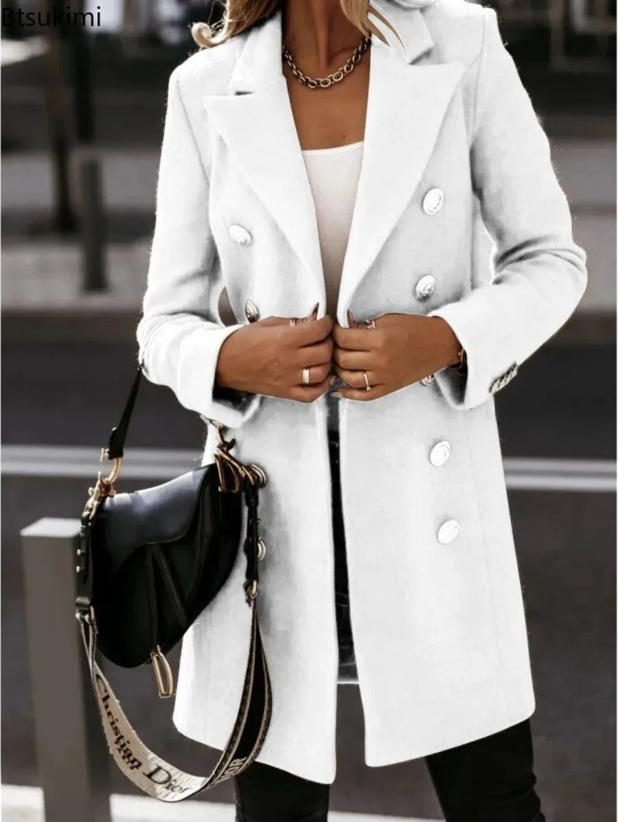 New Women's Autumn Winter Wear Coat Long-sleeved Suit Collar Double-breasted Slim Long Jackets Solid Fashion Wool & Blends Coats