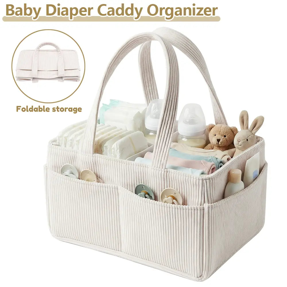 Organizer für Baby-Windel-Caddies aus beigem Cordstoff mit faltbarem Stauraum und mehreren Fächern zur einfachen Organisation.