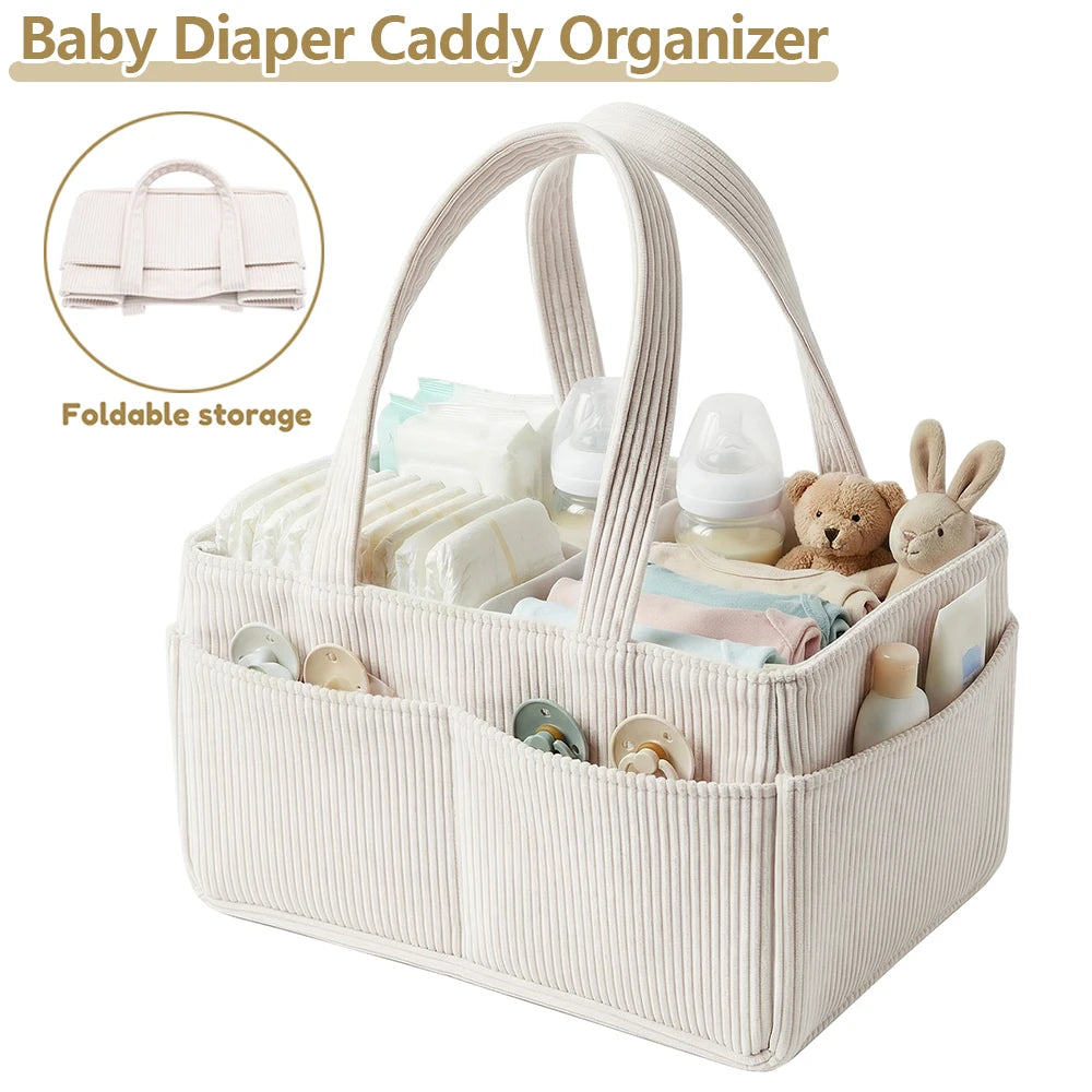 Baby Diaper Caddy Organizer Corduroy Diaper Storage Basket with Handle Foldable Multi-pocket Newborn Nappy Storage Organizer