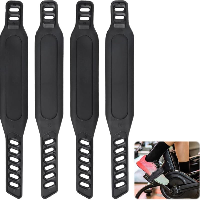 Correas de pedal para bicicleta de plástico negro con agarre texturizado y diseño de hebilla ajustable para uso universal como cinturón de pie para ciclismo.