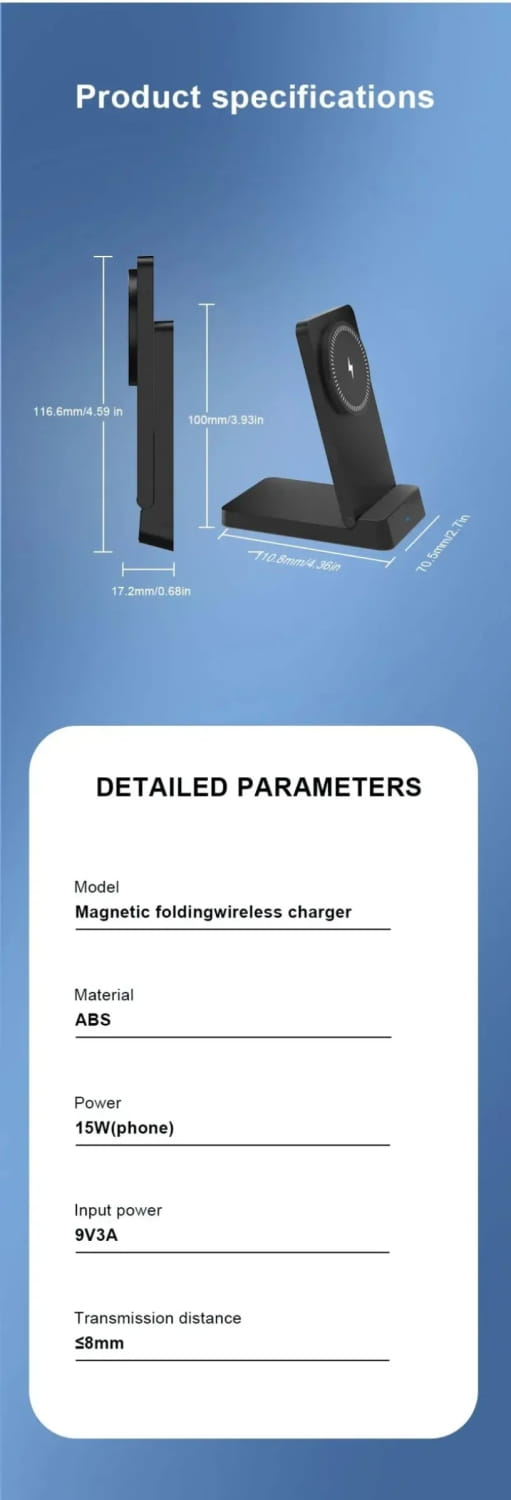 Cargador inalámbrico de ABS negro con anillo magnético, con un diseño abatible de 15 W para carga inalámbrica y uso como soporte para teléfono.
