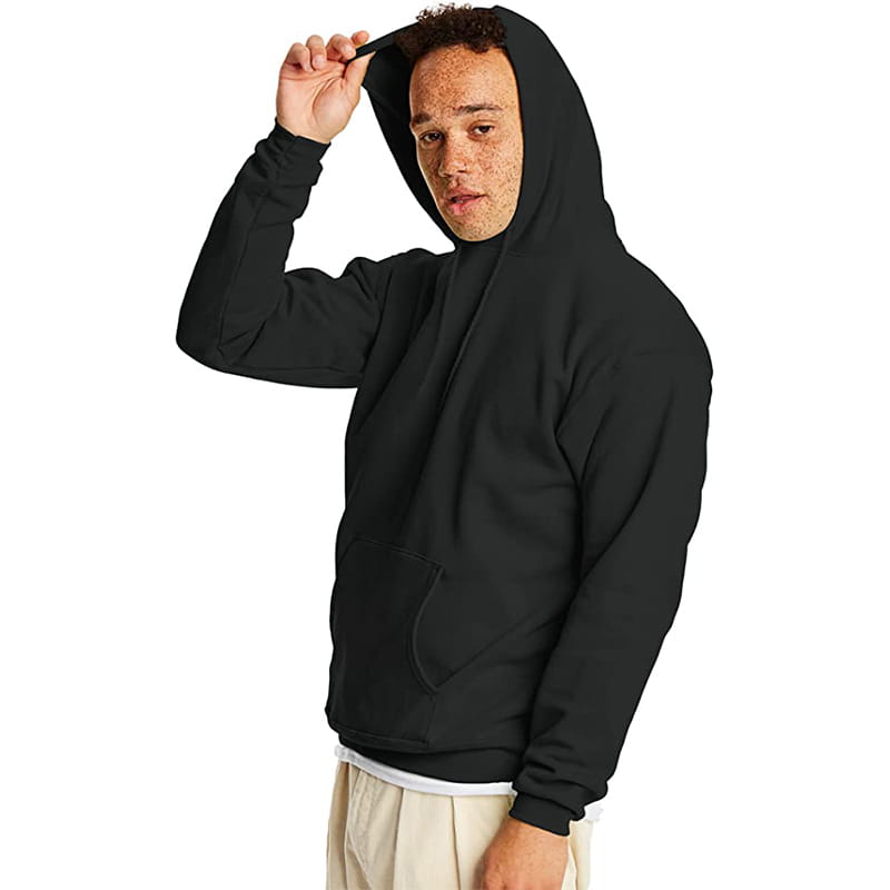 Schwarzer übergroßer Fleece-Pullover mit Kapuze mit vorderer Kängurutasche und gerippten Bündchen.