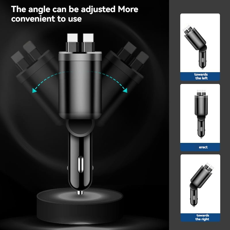 Black adjustable 5-in-1 fast retractable car charger with multiple usb ports and a rotating head for convenient use in vehicles.