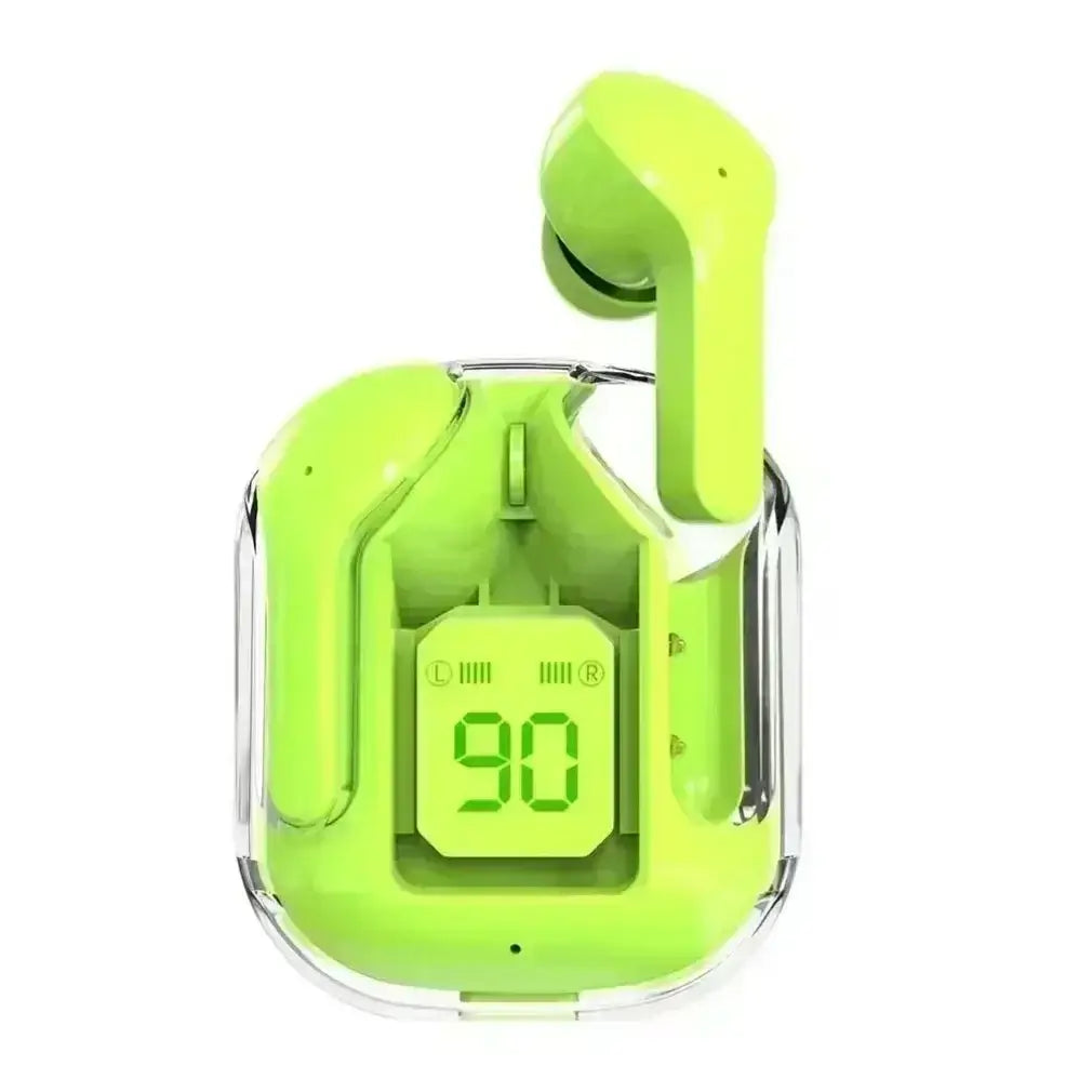 lime green wireless earbuds with bluetooth chip in a clear charging case featuring a digital display showing the battery level