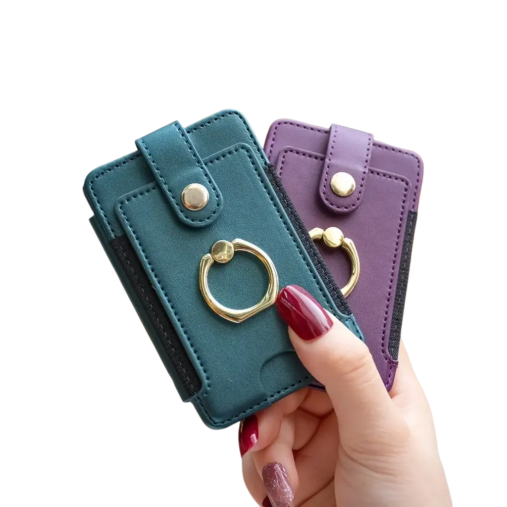 Front view of teal and purple universal ring small card holders with gold-tone finger rings for smartphones