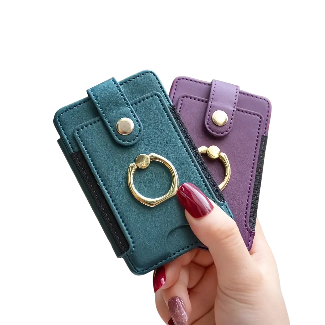 Front view of teal and purple universal ring small card holders with gold-tone finger rings for smartphones